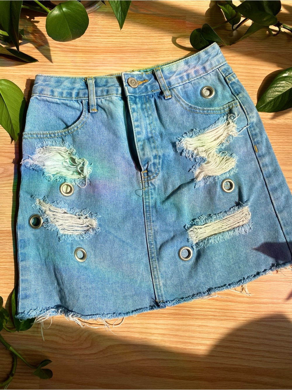 🩵⚡️Distressed Light Blue Denim Mini Skirt Collegiate Punk Grunge Rock Boho Jean